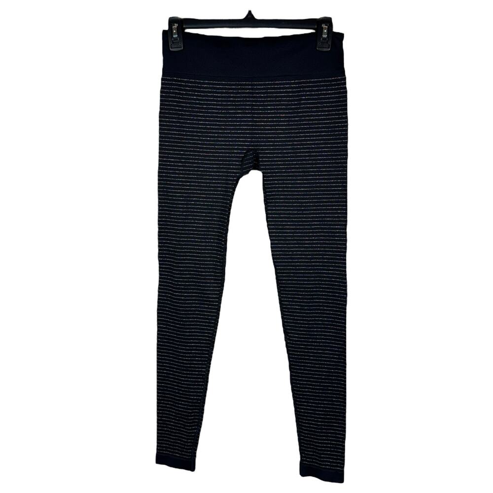 Athleta Medium Shimmer Stripe Leggings Drawstring Stretch Shiny Silver Black